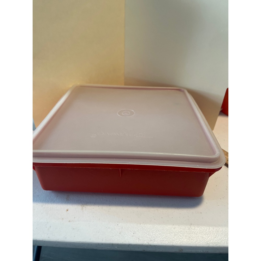 Vintage Tupperware Square Storage Container Red Orange with Lid 9x9 Made in USA